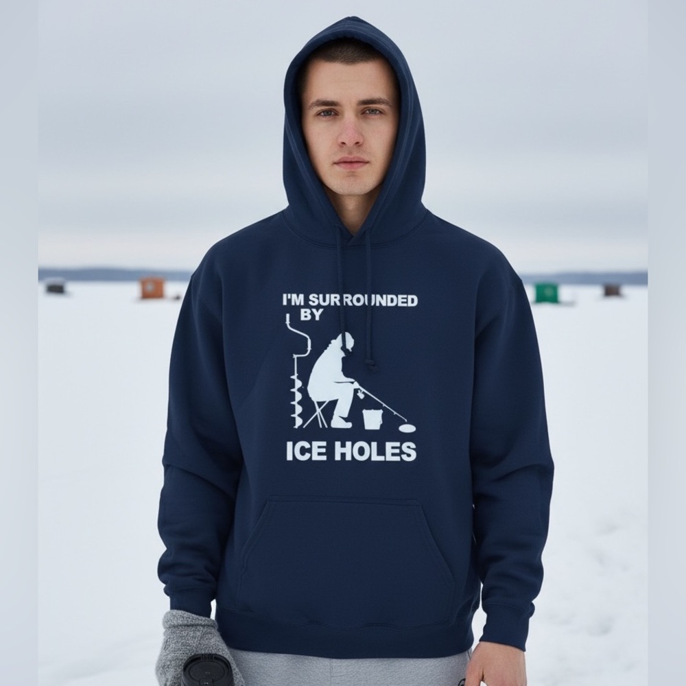 Gildan Dark Blue Ice Fishing Graphic Hoodie I’m Surrounded by Ice Holes XL